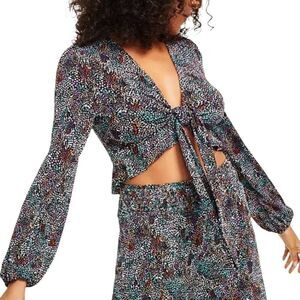 Bar III Tie Front Ruffle V Neck Balloon Sleeves Crop Top Size Large